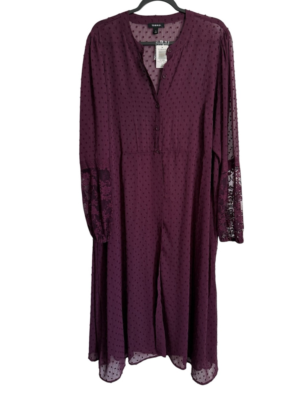 torrid Plum Sheer Swiss Dot Lace-Sleeve Duster